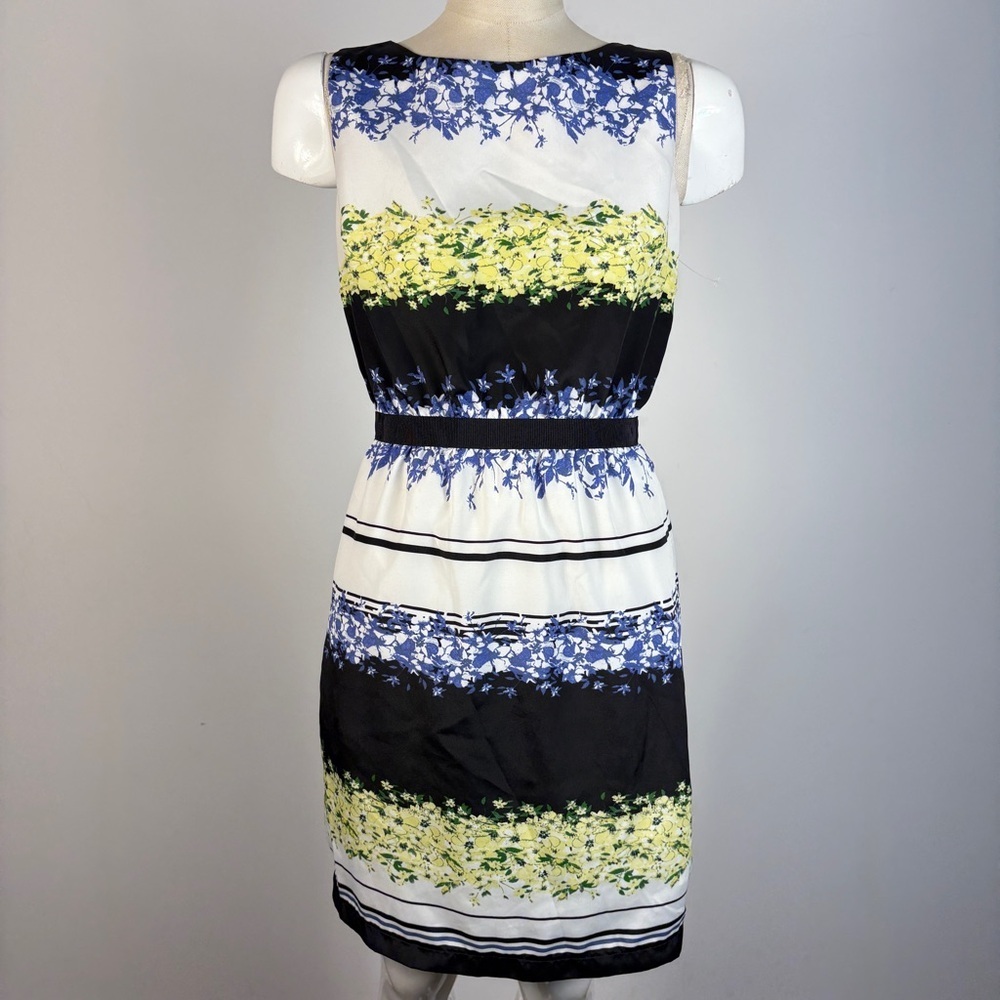 Loft Petite Floral Sleeveless Dress Yellow Blue White Striped Mini XS